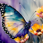 Colorful Butterfly Painting on Flowers Against Purple Background