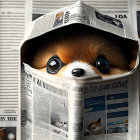 Pomeranian Dog Peeking Through Newspaper Hole