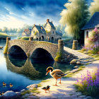 Tranquil countryside landscape with stone bridge, river, traditional houses, ducks, bird, and blo