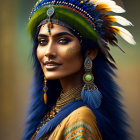 Colorful Woman in Feathered Headdress and Beaded Attire Portrait