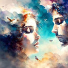 Vibrant digital artwork: Man and woman in dreamy close-up amid nebula backdrop