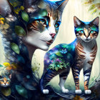 Three stylized cats with blue markings in lush forest scenery.