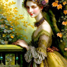 Woman with flowers in hair, green and yellow gown, by balustrade with lush foliage.