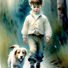 Child and puppy in birch tree forest with dappled sunlight