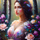 Colorful flower-adorned woman in whimsical forest setting surrounded by blooming flowers