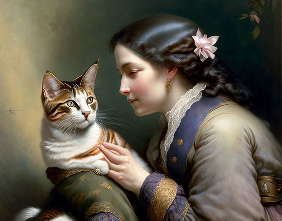 Historical woman holding and admiring cat affectionately