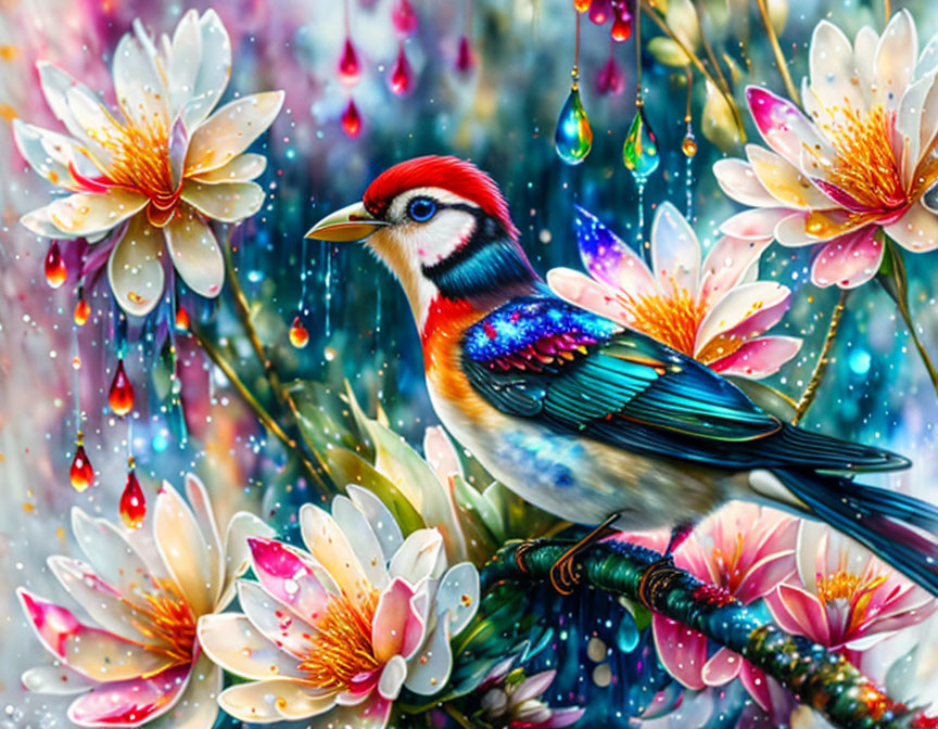 Colorful Bird Perched on Branch Surrounded by Blooming Flowers and Raindrops