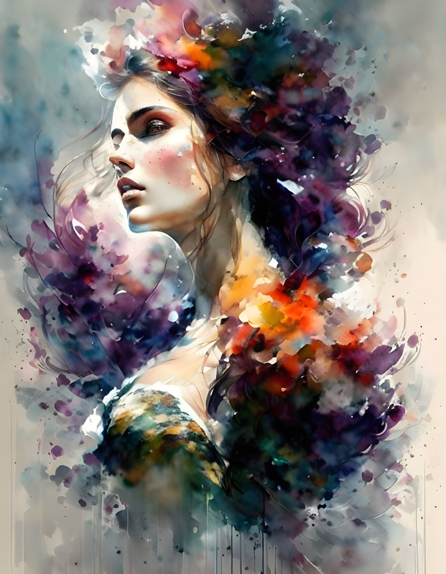 Colorful Abstract Watercolor Painting of Woman's Hair