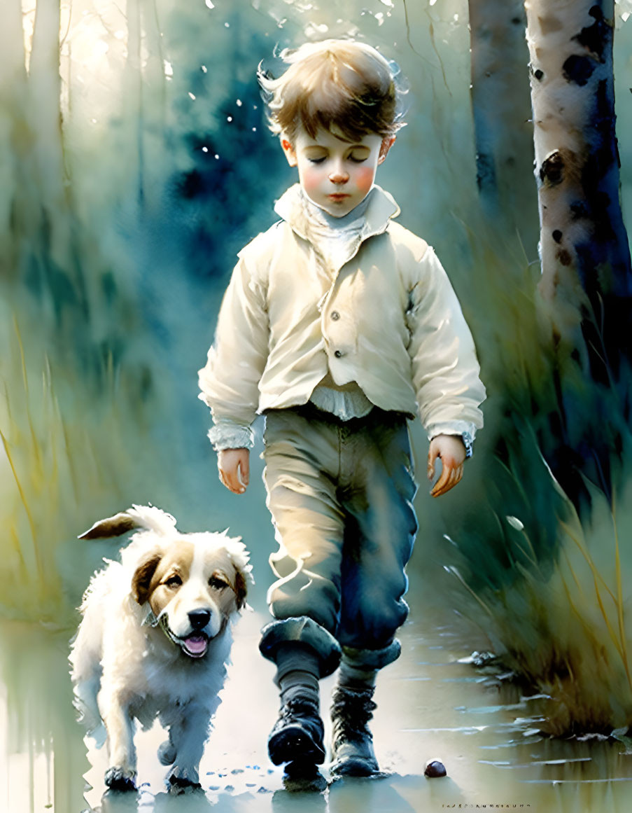 Child and puppy in birch tree forest with dappled sunlight