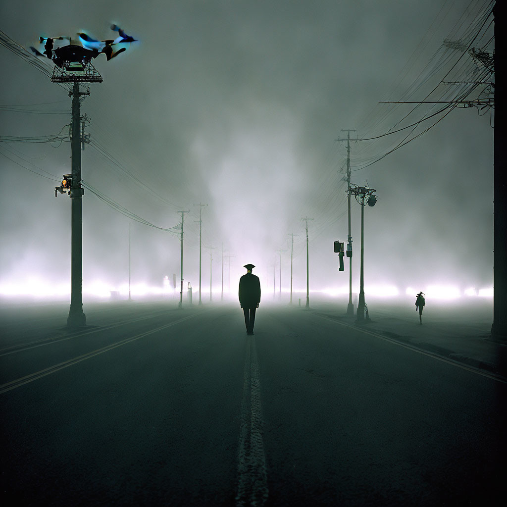 Figure in Hat on Foggy Road with Power Lines, Drone, and Cyclist