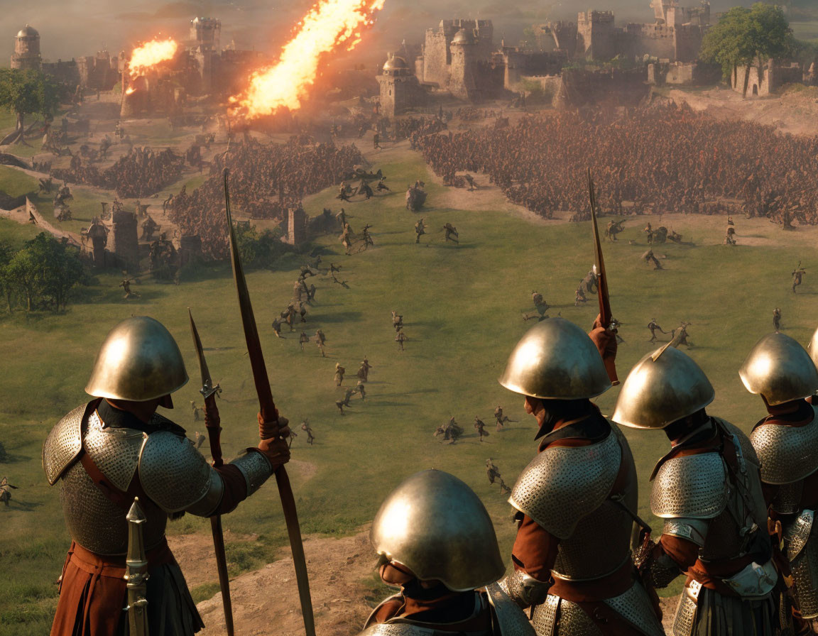 Medieval soldiers in armor witness battle with fiery projectiles in open field.