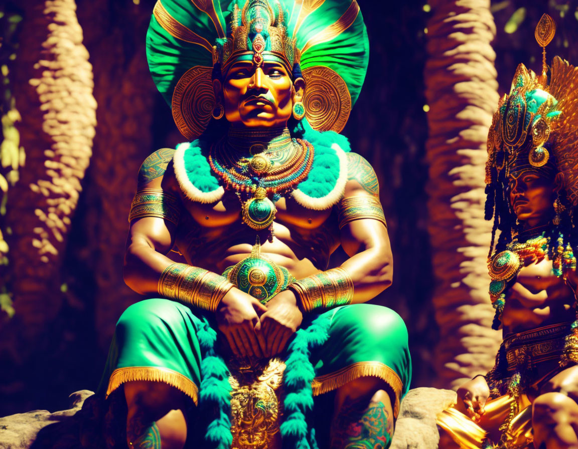 Vibrant Blue and Gold Hindu Deity Statues on Dark Background