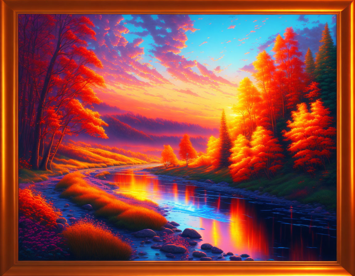 Scenic autumn landscape with river, sunset sky, and fiery foliage border