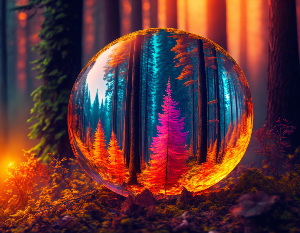 Crystal ball in forest distorts trees with warm sunlight