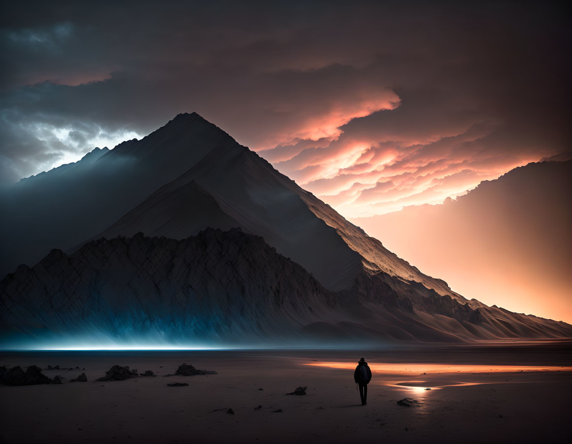 Figure Walking on Surreal Dusk Landscape with Striking Mountains