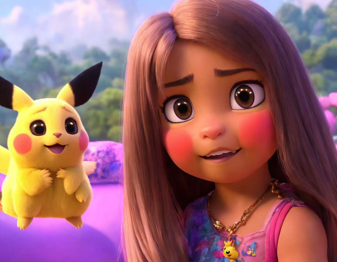 Young girl with Pikachu in colorful, whimsical scene