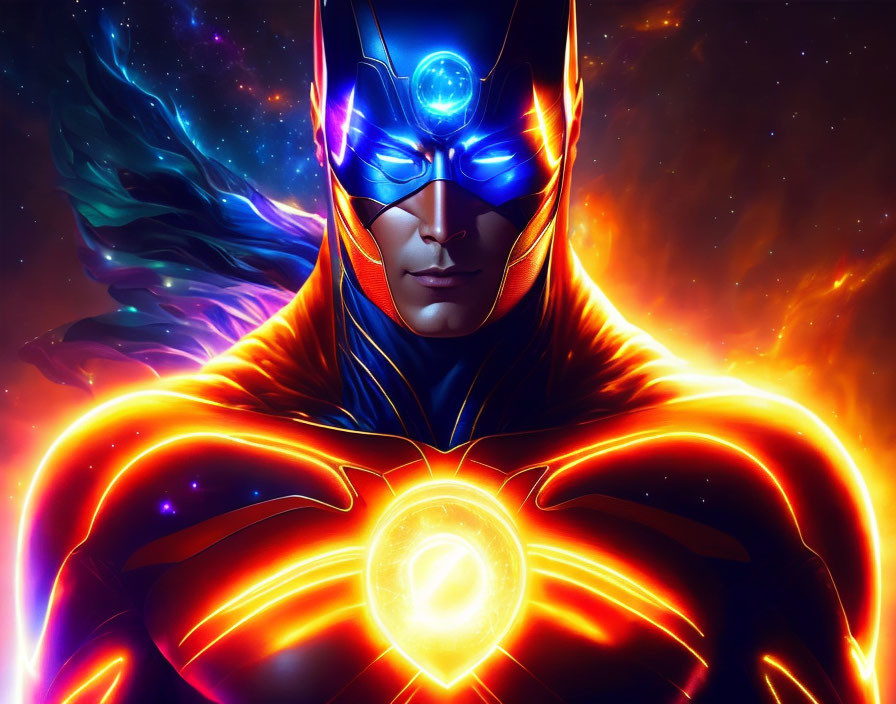 Colorful superhero digital artwork with glowing emblem, blue and red suit, and mask.