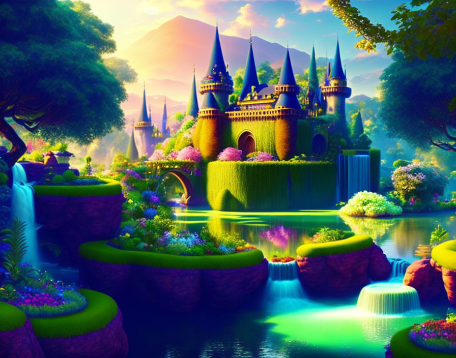 Fantastical castle on floating islands with vibrant flora and waterfalls under twilight sky