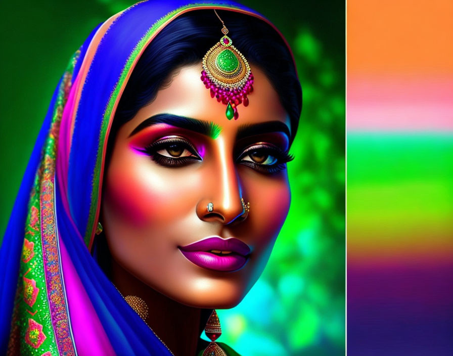 Colorful digital artwork of woman with Indian adornments on rainbow background