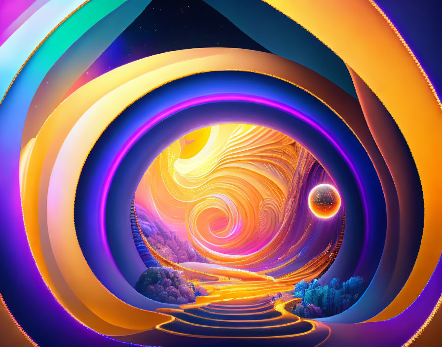 Vibrant digital artwork: Spiraling portal with blue, orange, and purple arches