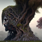 Surreal artwork of man's profile merging with ancient tree roots
