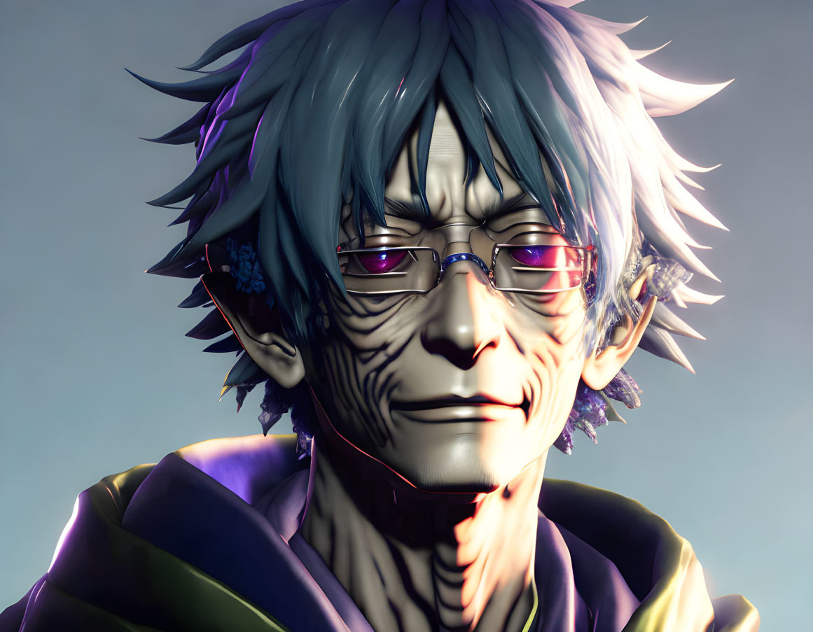 Stylized 3D rendering of elderly male character with grey hair and purple glasses