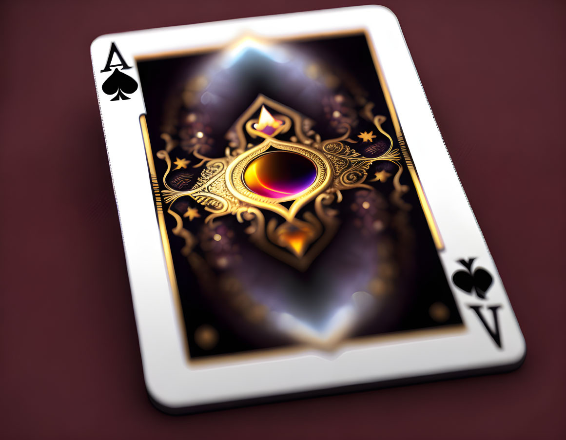 Intricate Golden Ace of Spades Card with Purple Gem on Dark Surface