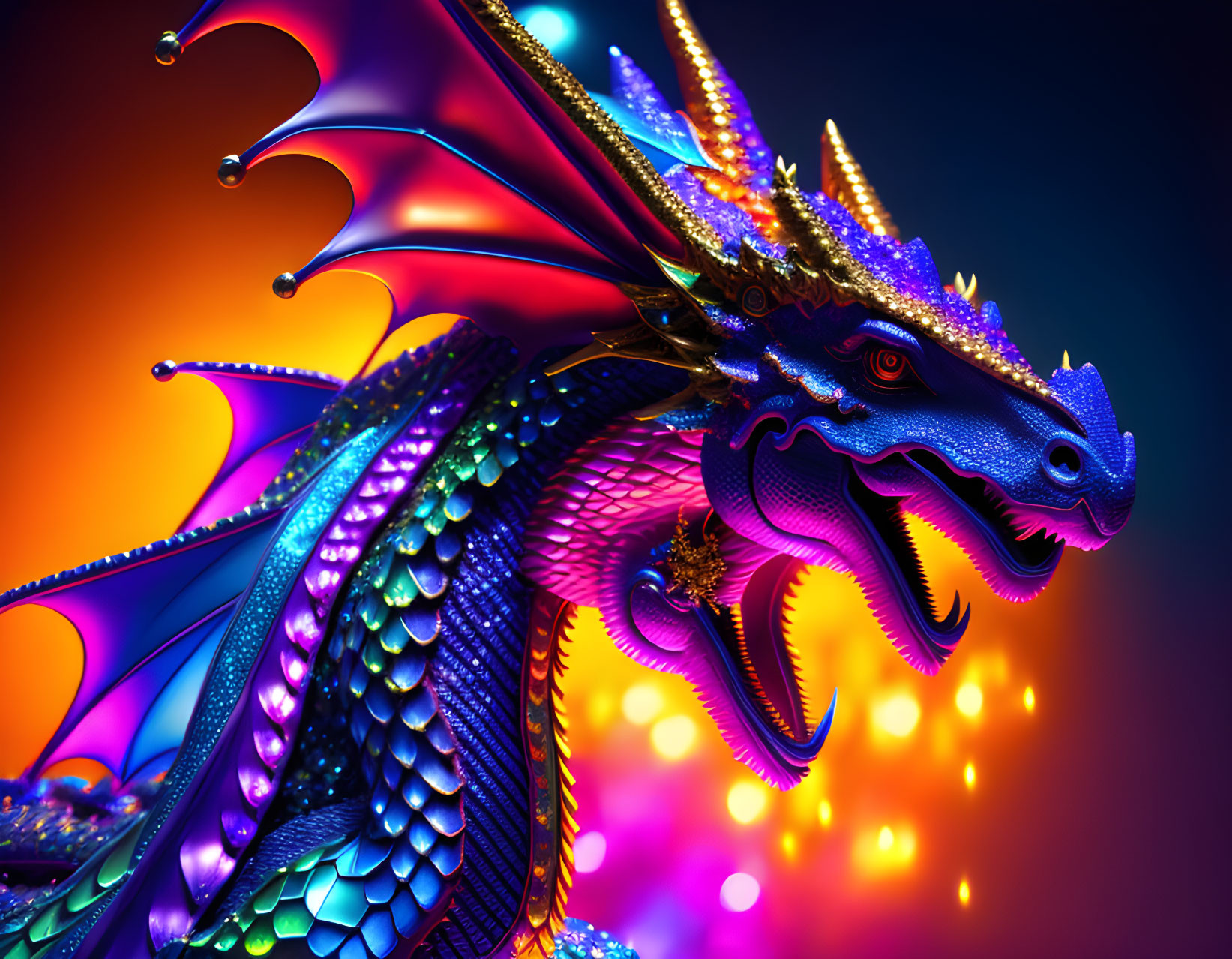 Dragon digital artwork: vibrant iridescent scales, golden horns, spread wings on orange-blue gradient.