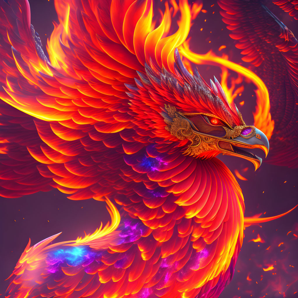 Colorful Phoenix with Intricate Feathers on Fiery Background