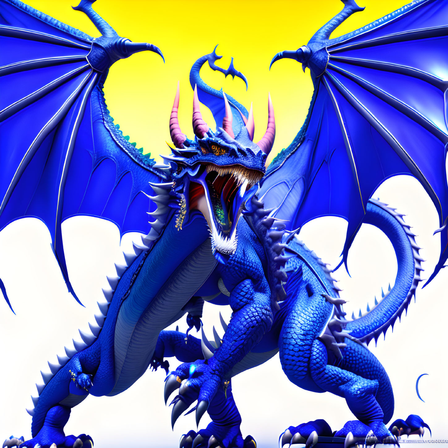 Blue dragon with wings, horns, and fierce eyes on yellow background