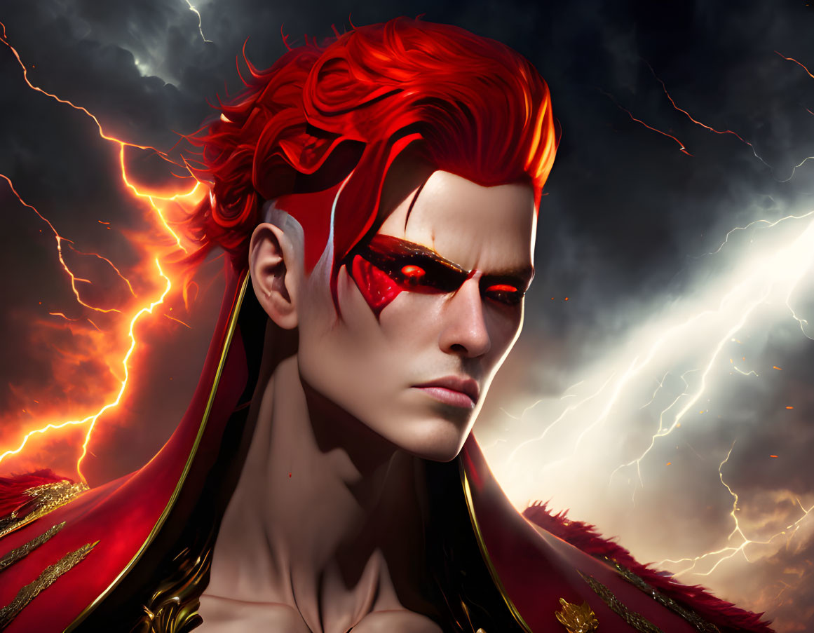 Vibrant red-haired male figure with facial marking in stormy background