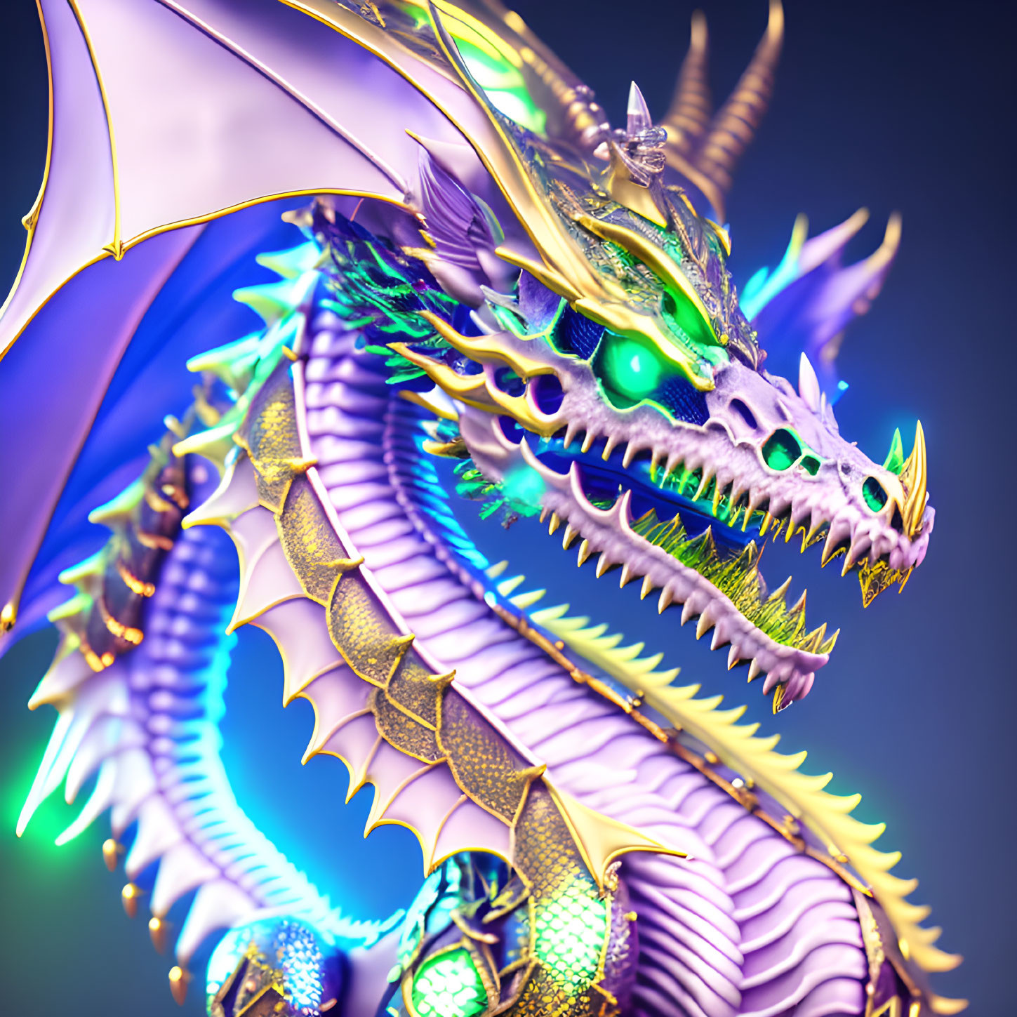 Detailed 3D rendering of a vibrant dragon with glowing green eyes, purple scales, and golden horns