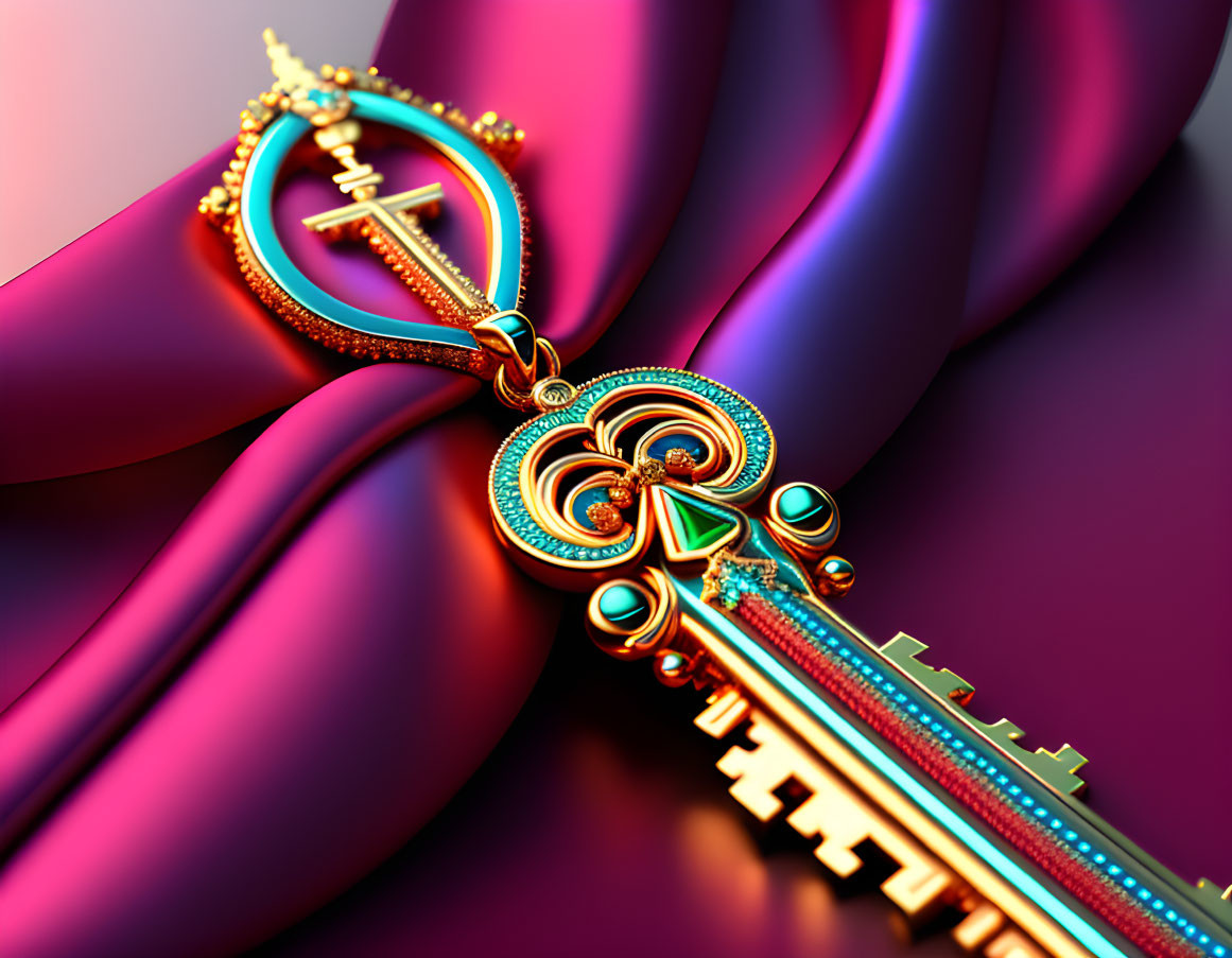 Golden key with intricate designs on purple ribbons