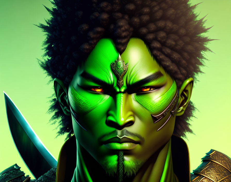 Fantasy character with green skin, glowing eyes, tribal markings, knife, and armor.