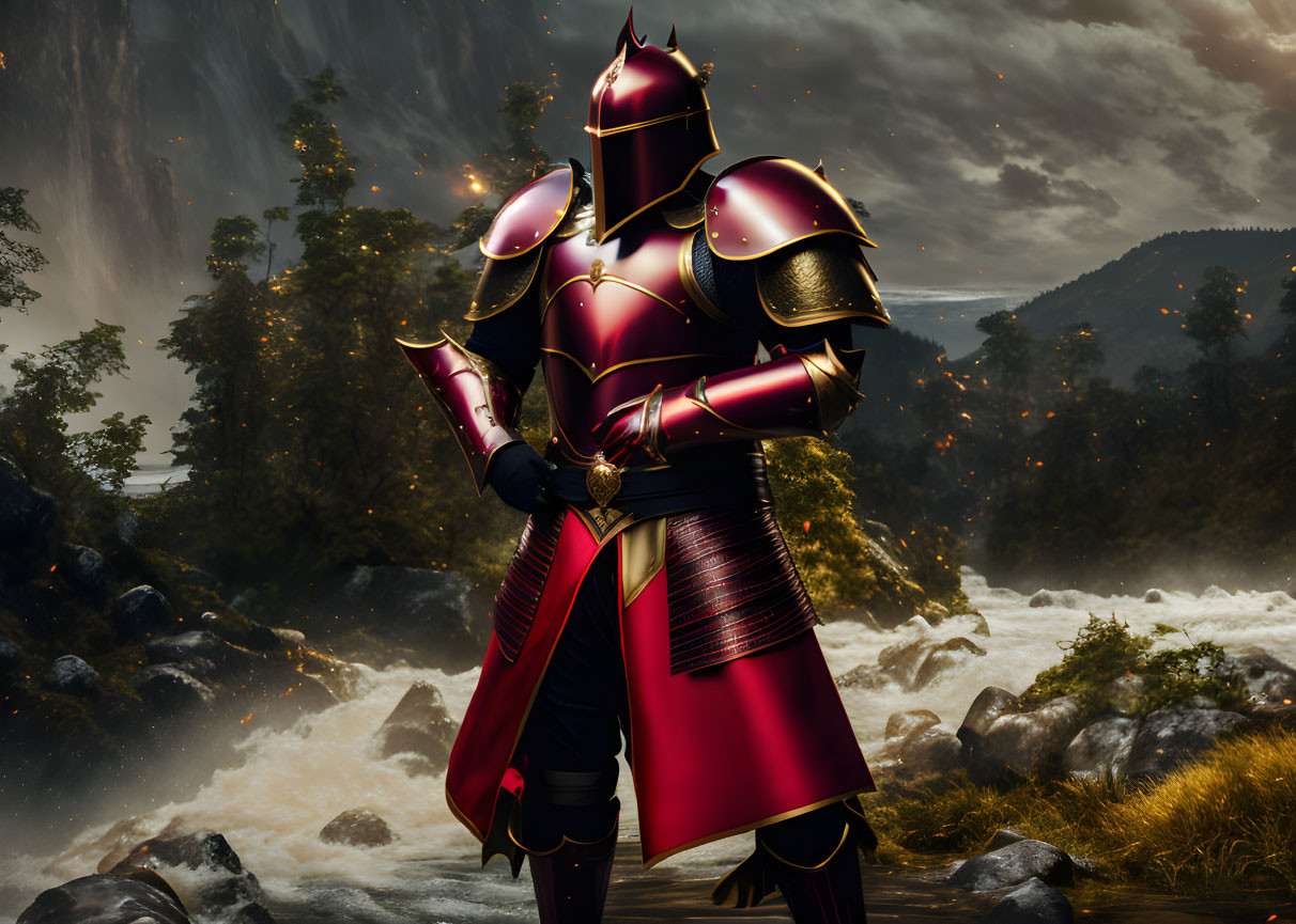 Knight in gleaming armor by river in forested landscape