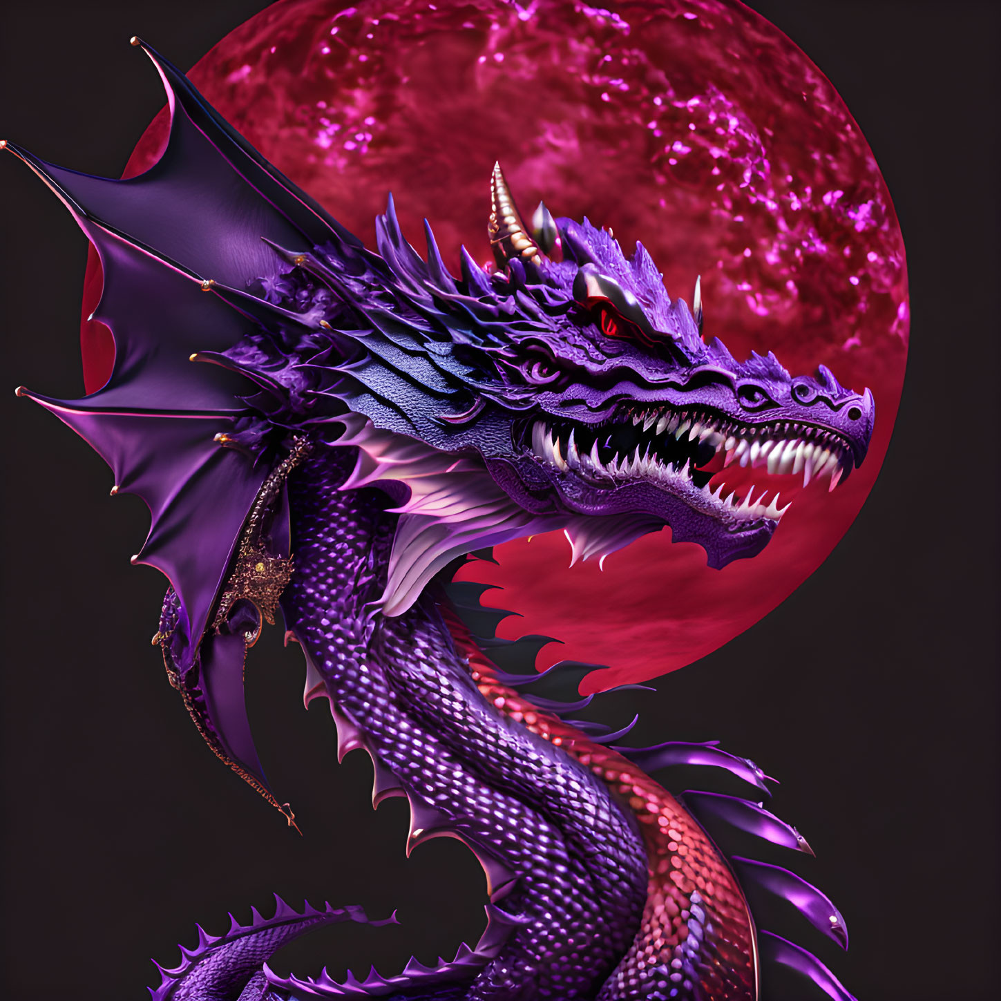 Detailed Purple Dragon with Dark Wings and Horns Against Red Moonlit Backdrop