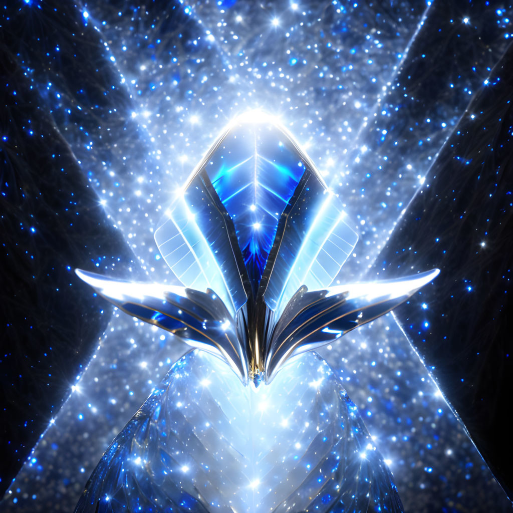 Abstract digital art: Radiant bird-like structure emerging from glowing orb amid shining stars