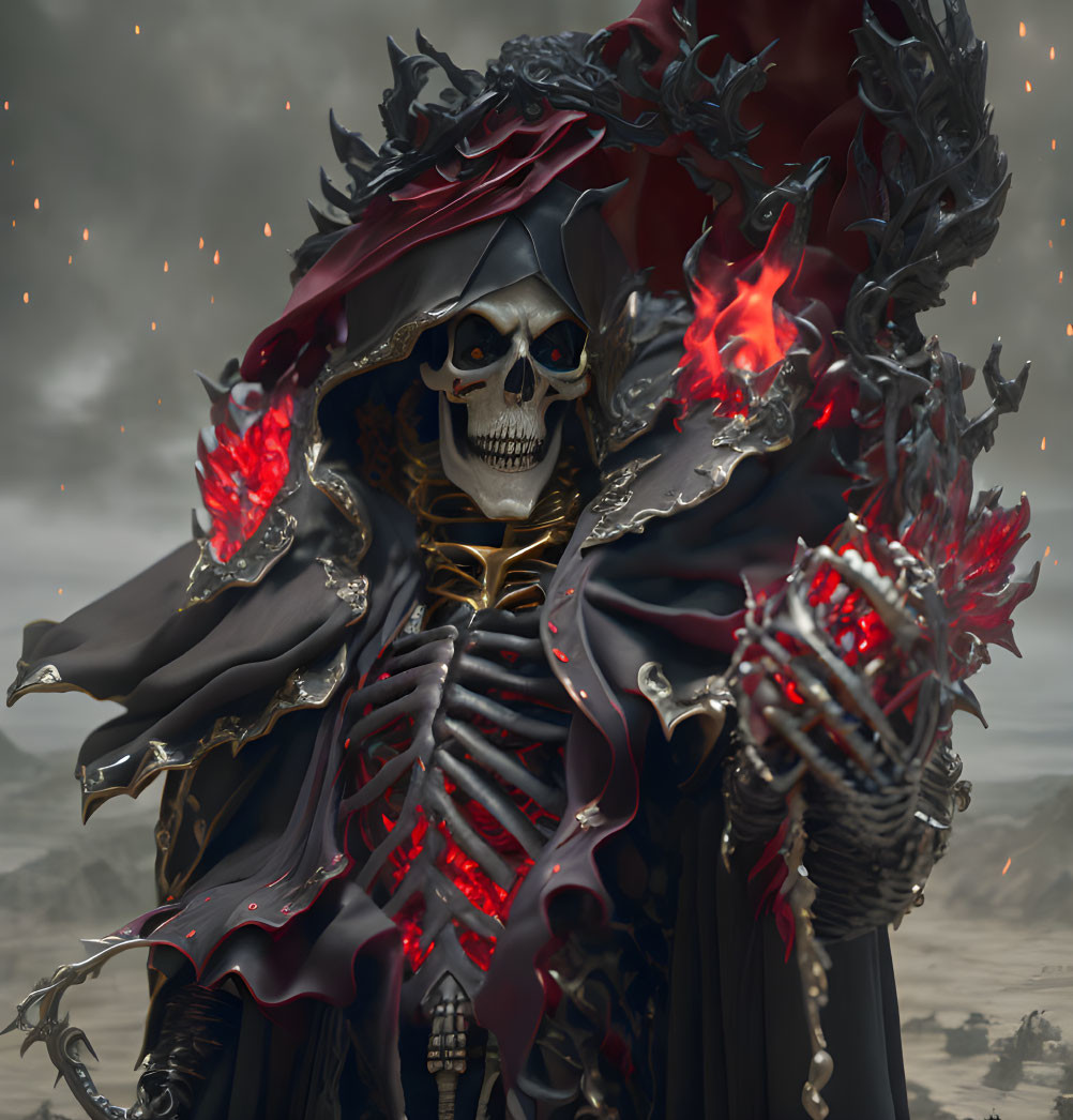 Dark armored skeletal figure in stormy backdrop with red accents.