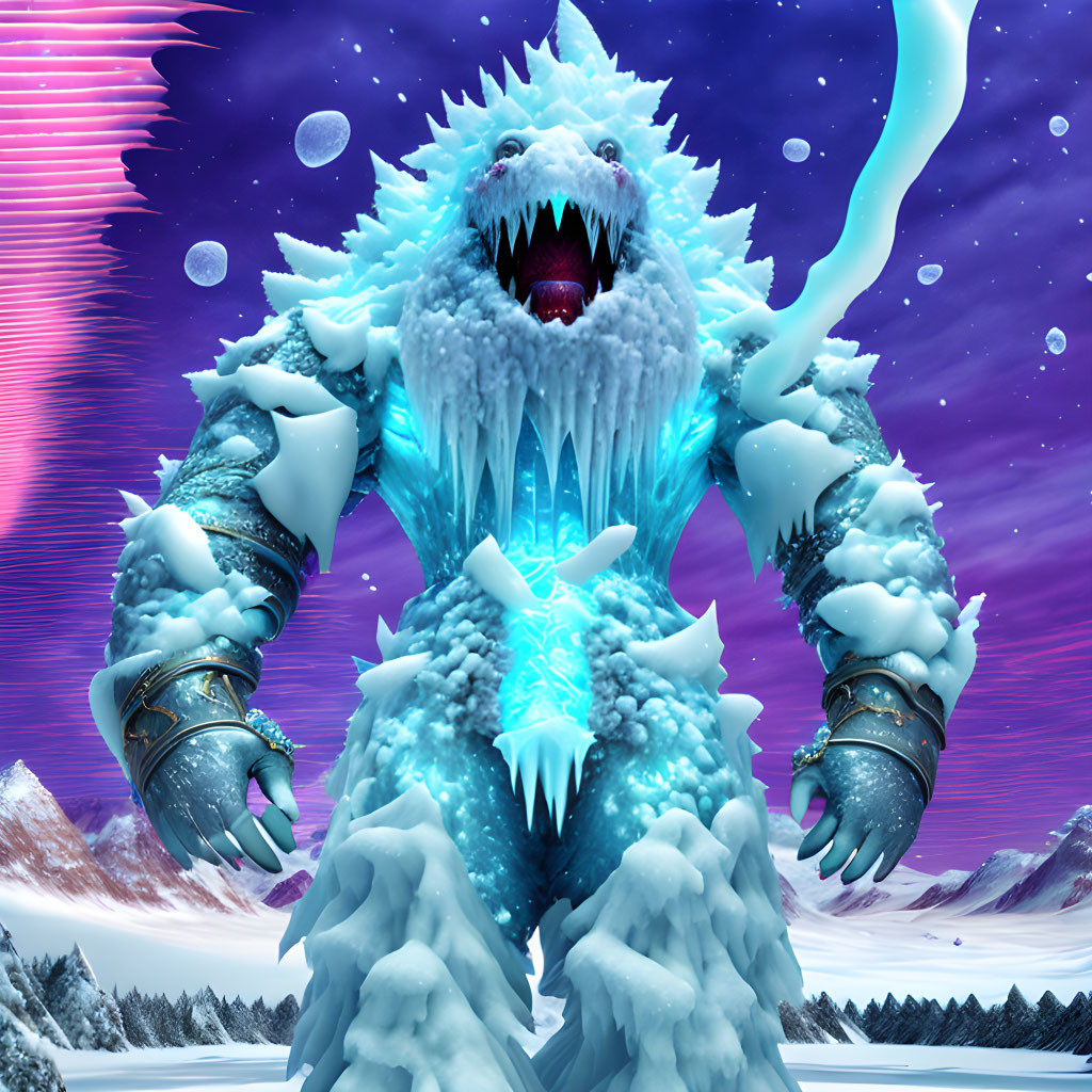 Ferocious ice monster with spikes in snowy landscape