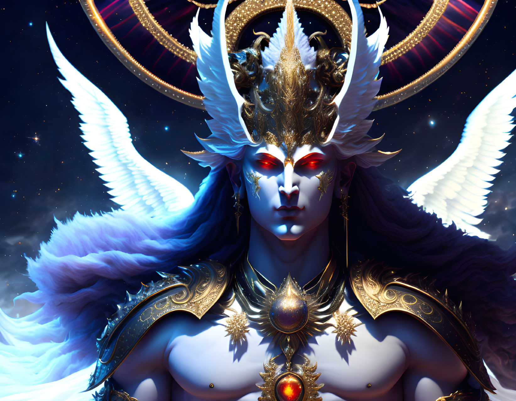 Majestic ethereal being with white wings and golden armor on cosmic background