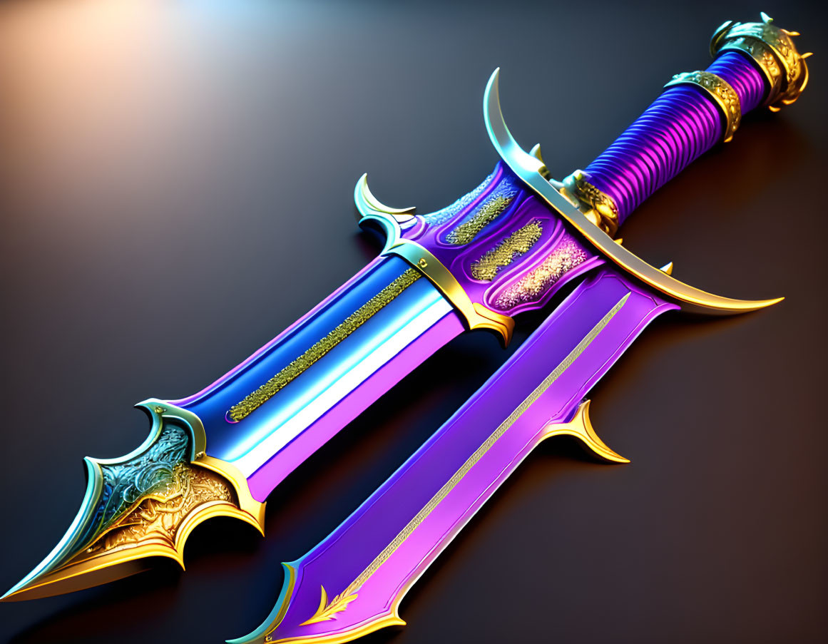 Fantasy dagger with purple hilt, gold & silver details, double-edged blade