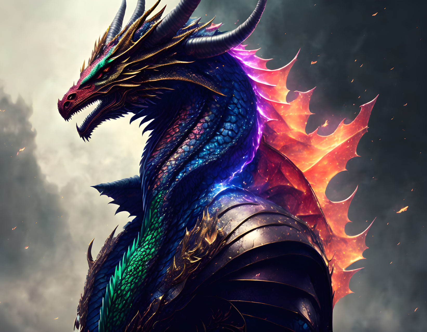 Iridescent blue dragon with fiery orange wings in stormy sky