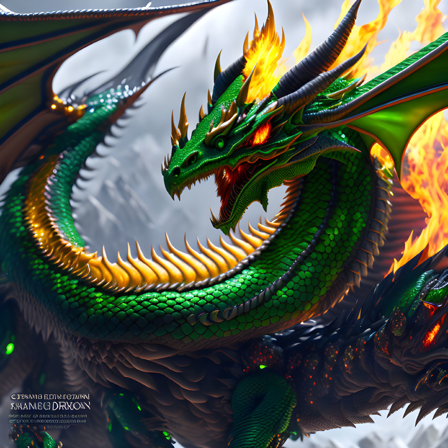 Green-scaled dragon with fiery eyes and flames on dark background