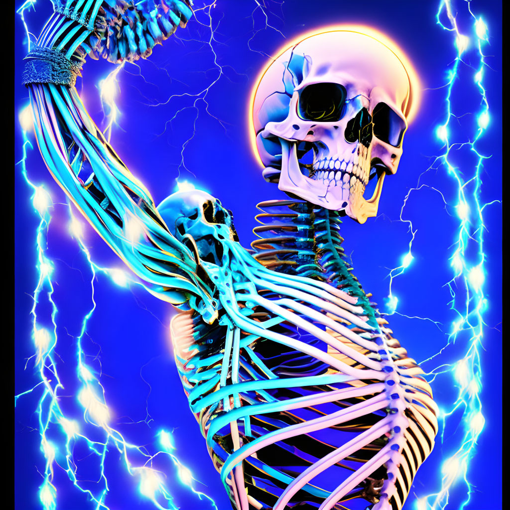 Digital artwork: Skeleton with golden skull and electricity on blue background