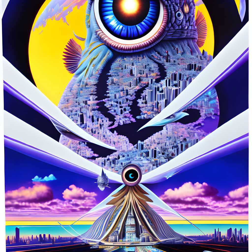 Surreal artwork: eye over cityscape with celestial bodies