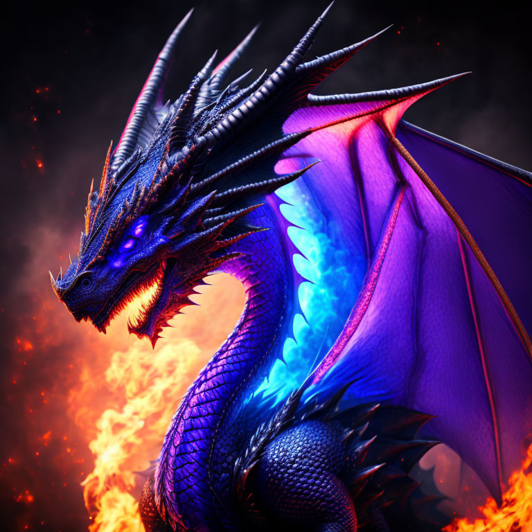 Blue Dragon with Glowing Eyes and Purple Wings in Fiery Sky