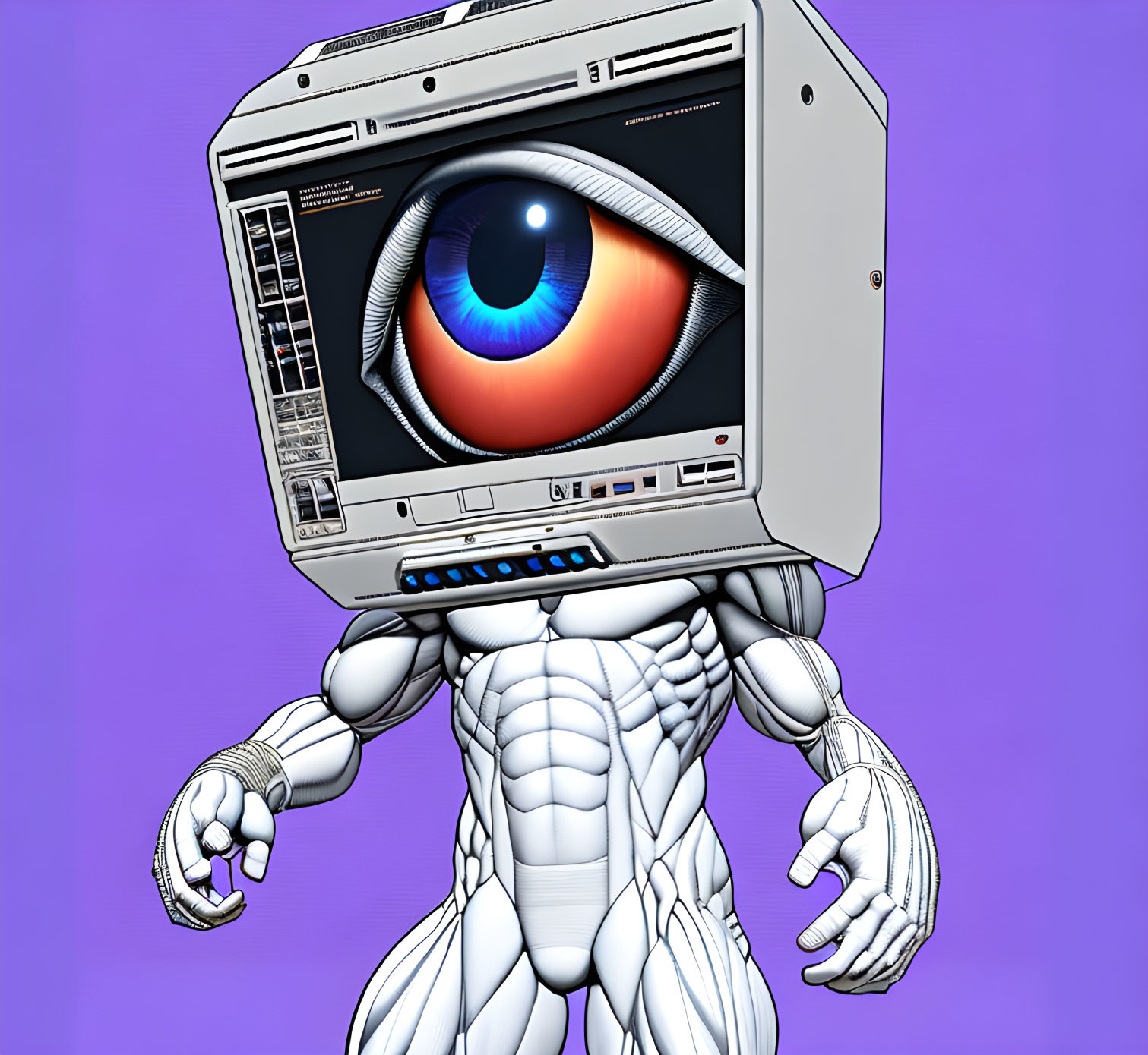 Muscular robot with computer monitor head and detailed eyeball display