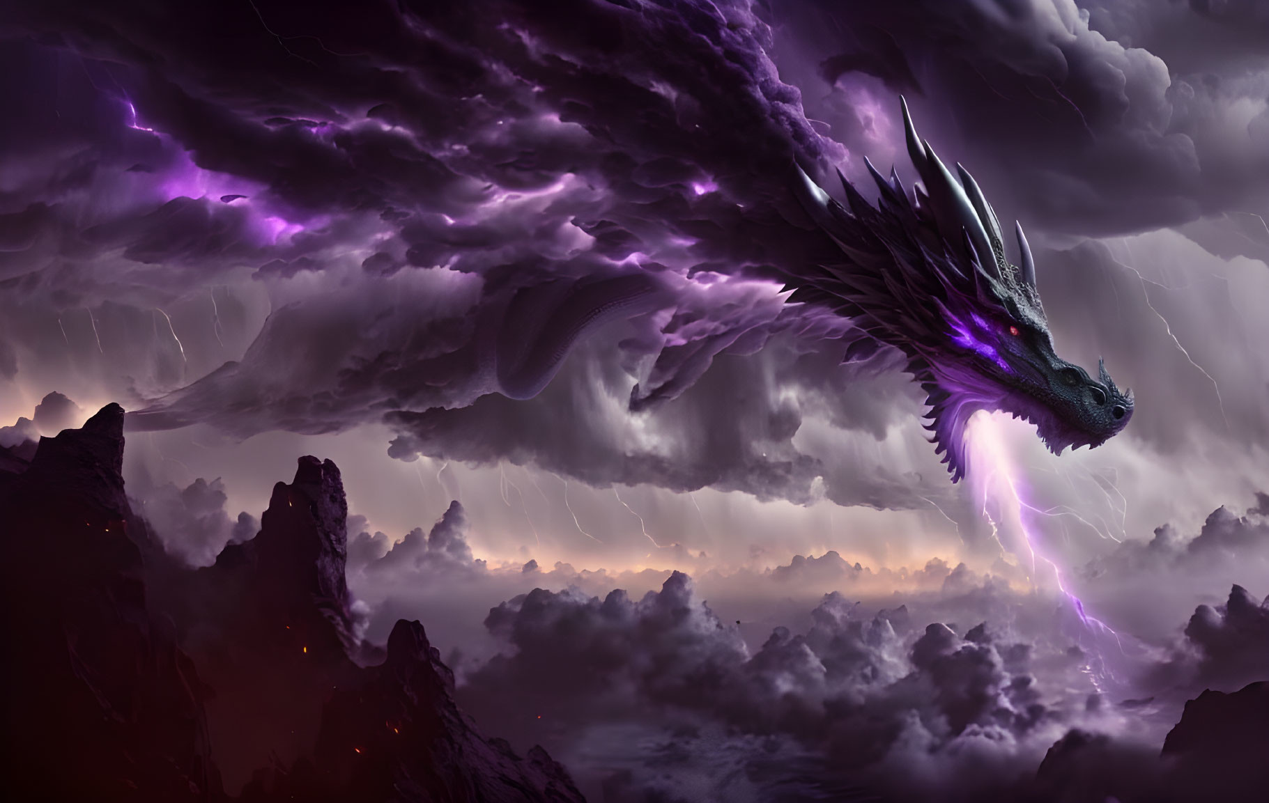 Purple dragon flying through stormy sky with lightning strikes