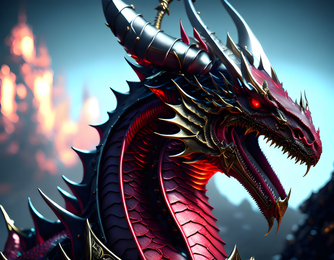 Dark-scaled dragon with red eyes and horns on fiery background