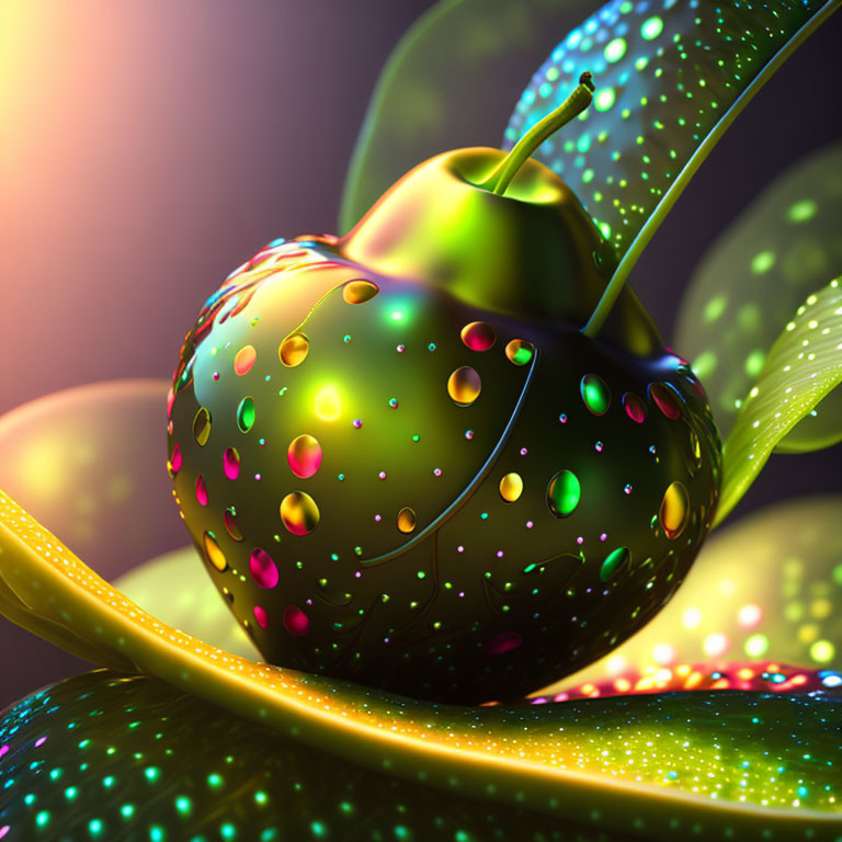 Glossy Fruit Structure on Colorful Leaf with Droplets